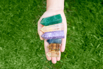 Healing crystals on brown background