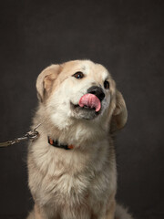 portrait of a beautiful dog on a brown canvas. Mix of breeds. Pet in the studio, artistic photo on the background