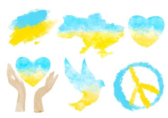 Fototapeta na wymiar Ukraine set icons for banner design. Yellow blue background illustrations. peace pray save 