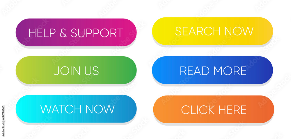 Poster set of vector modern material style buttons. different gradient colors on white forms with shadows.