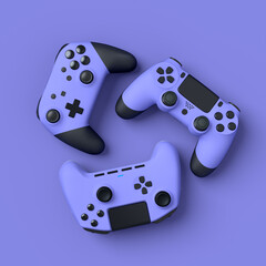 Set of lying gamer joysticks or gamepads on purple background