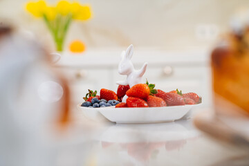 strawberries and blueberries in a white compartmental dish with rabbit. 