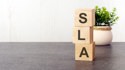 letters of the alphabet of SLA on wooden cubes, green plant, white background
