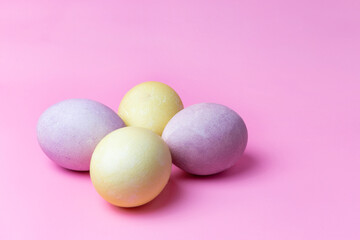 easter eggs in yellow and purple on a pink background with space for text