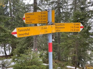 Hiking markings and orientation signs with signposts for navigating in the Wagital valley (Waegital or Wägital) and alpine Lake Wagitalersee (Wägitalersee), Innerthal - Canton of Schwyz, Switzerland