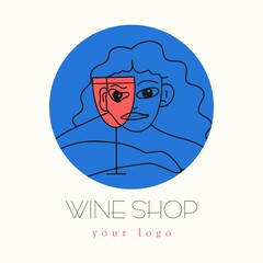 Round wine store logo. Girl with a glass of red wine, abstract drawing, blue background. Hand drawing, sketch. Flat design, cartoon.