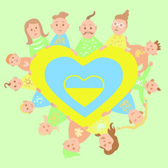 People of Ukraine illustration. We are for peace. We Ukrainians are one. Love is in our hearts. There are many of us together. Yellow and blue flag in the form of a heart. For patriotic use, for print