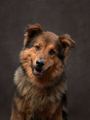 portrait of a beautiful dog on a brown canvas. Mix of breeds. Pet in the studio, artistic photo on the background