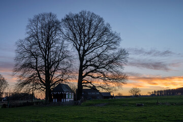 Chapel against sunrise, Bergisch Gladbach, Germany