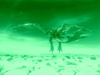 monster dragon on desert is taking off rear view