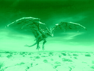 monster dragon on desert is taking off