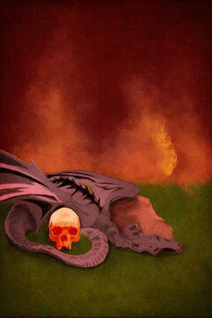A fire breathing dragon having a sleep by rocks.