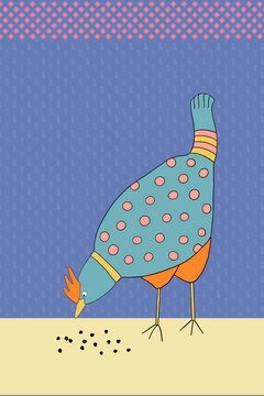 Illustration of a brightly coloured spotted hen eating. 