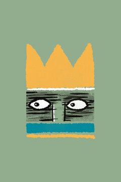 Illustration of a naive style face with crown. 