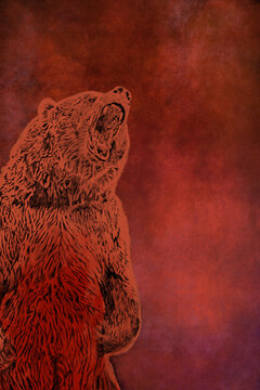 Red illustration of a fierce growling grizzly bear. 
