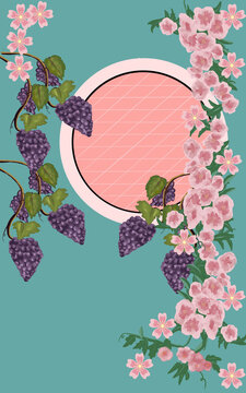 Illustration of grape vines and flowers, with pink patterned circle. 