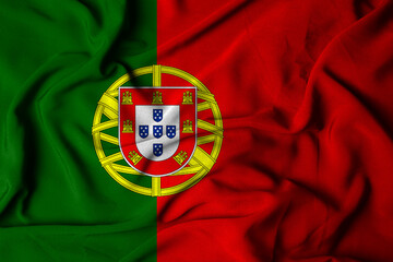 selective focus of the portugal flag, with waving fabric texture. 3d illustration