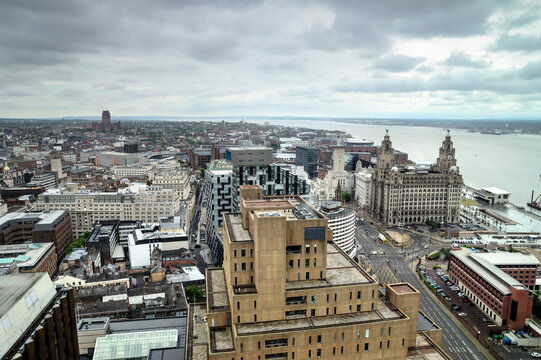 Liverpool: View of city, Pier Head, Albert Dock and The River Mersey, UK.