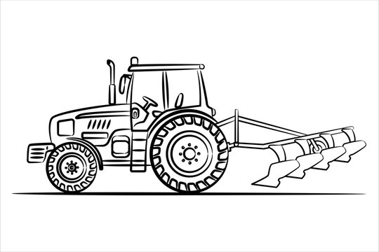 A hand drawn of a farm tractor isolated on white. Heavy agricultural machinery for field work. Side view of modern tractor. A tractor with a plow plows a field. Flat style, line illustration.