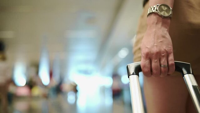 Women Hand On Pulling Suitcase On Escalator In Modern Airport Terminal, Traveling, Luggage Waiting For Transport