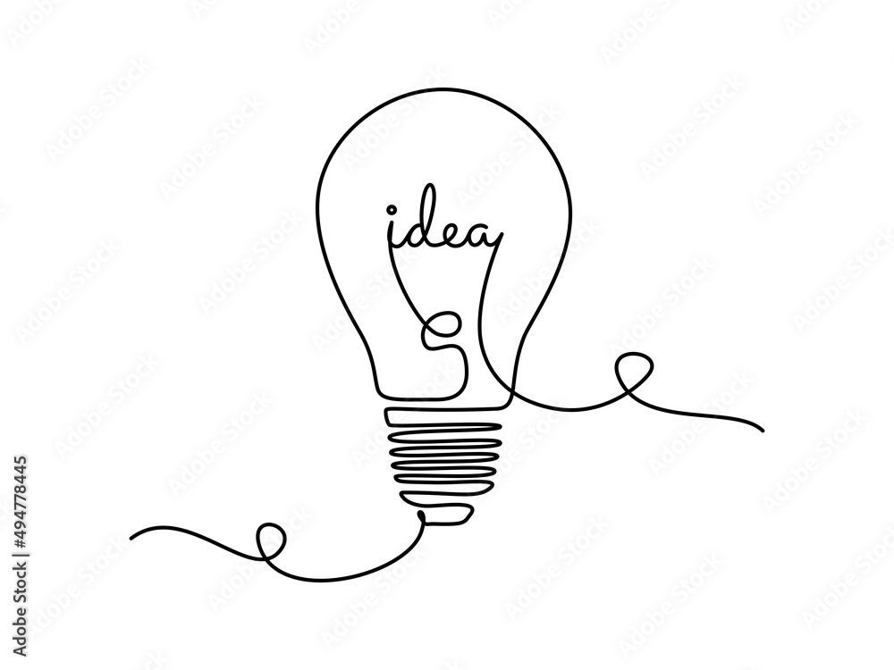 Poster light bulb with idea in one continuous line drawing. brainstorm symbol or electricity concept in sim