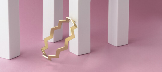 Zigzag shape golden bracelet laid on white columns on pink background with copy space