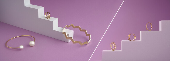 Panorama of golden jewelry collection on white podium on pink background
