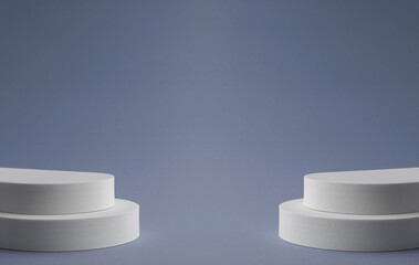 Two white double steps podiums on blue background with copy space