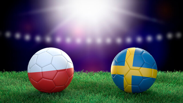 Two soccer balls in flags colors on stadium blurred background. Poland vs Sweden. 3d image