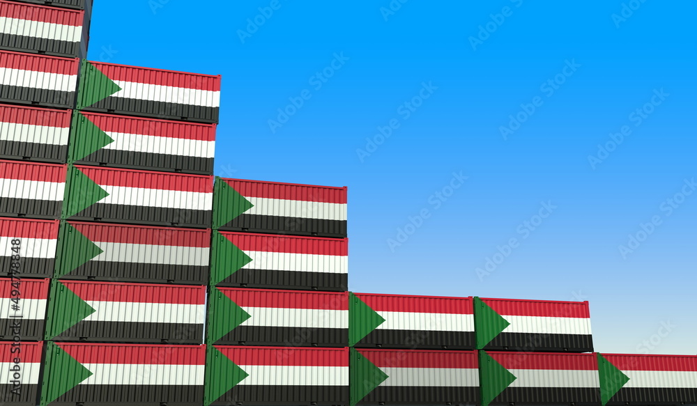 Poster many containers with flag of sudan represent decreasing trend. economic or industrial crisis concept