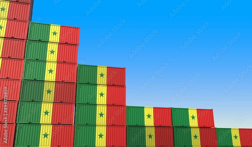 Poster flag of senegal on containers forming declining trend of graph. national crisis or meltdown related 