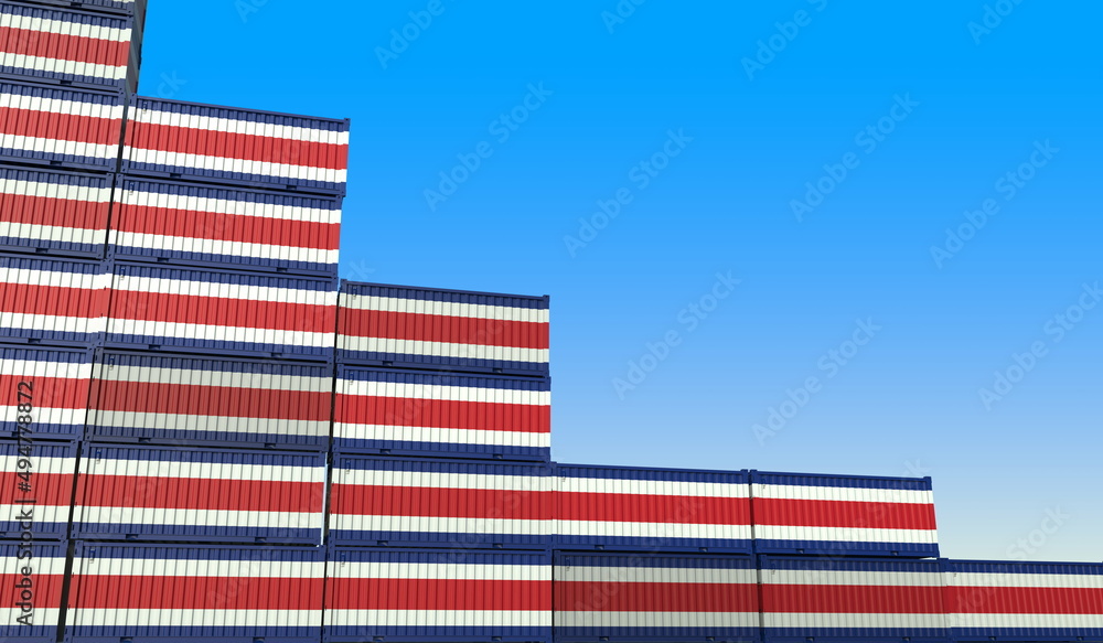 Poster containers with flag of costa rica represent declining trend. economic or export crisis concept. 3d 