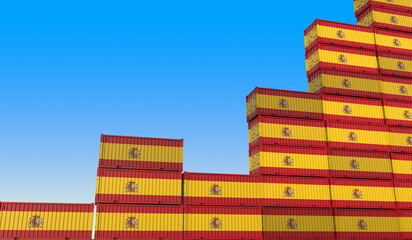 Cargo containers with flags of Spain making a rising graph. Economic growth related 3D rendering