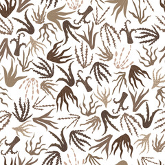 Seamless pattern with seaweeds on in brown and beige colors. Vector illustration for printing on fabric.