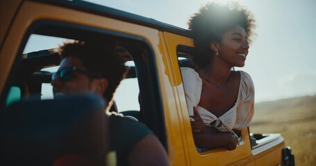 Epic summer road trip, best friends enjoying life and watching the sunset on road trip, travel and adventure lifestyle - Powered by Adobe