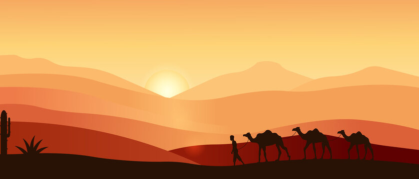 Flat landscape design.Desert landscape with yellow sand dunes,hills and walking camel caravan.Vector illustration.
