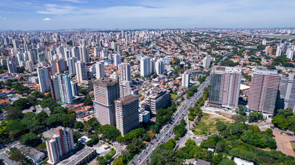 Aerial view of the city of São Paulo, Brazil.
In the neighborhood of Vila Clementino, Jabaquara. Aerial drone photo. Avenida 23 de Maio in the background. Residential and commercial buildings