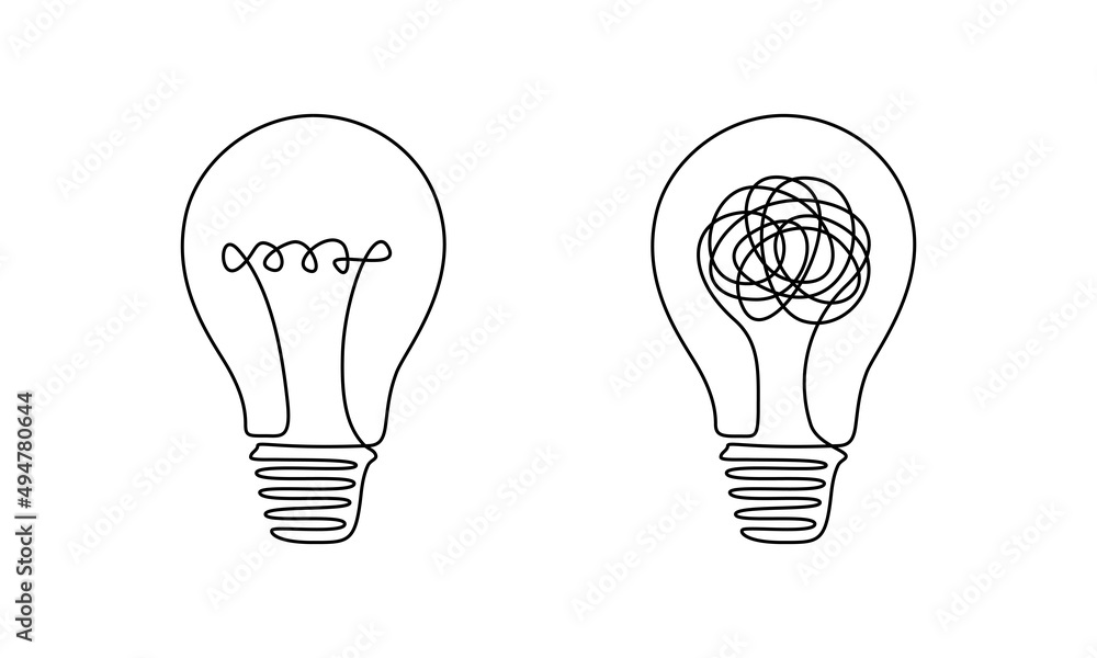 Poster light bulb with scribbles in one continuous line drawing. concept of chaos and order in thoughts and