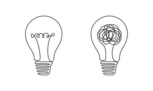 Light bulb with scribbles in one continuous line drawing. Concept of chaos and order in thoughts and ideas in simple linear style. Shining lamp with editable stroke. Vector illustration