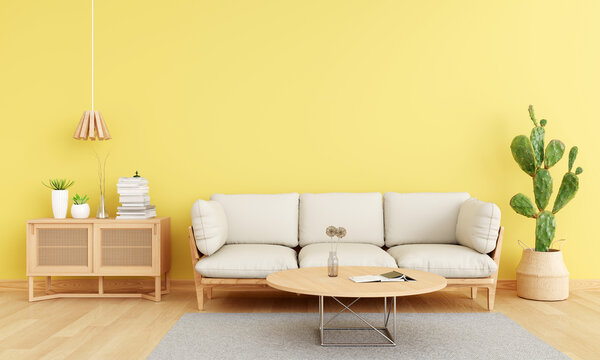 Brown sofa in yellow living room with copy space, 3D rendering