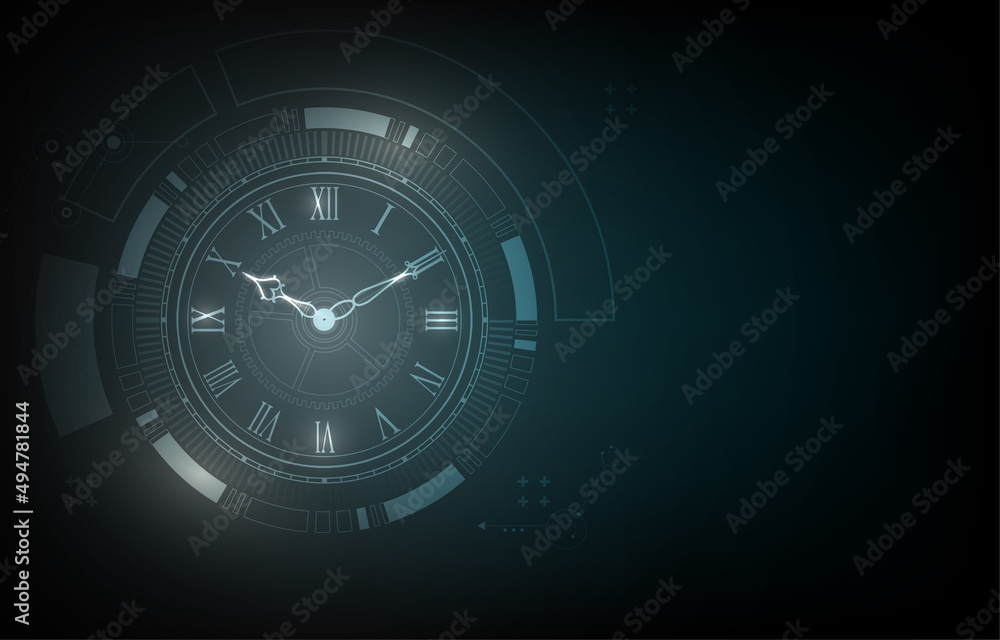 Poster technology clock vector background.classic roman numeral clock concept.