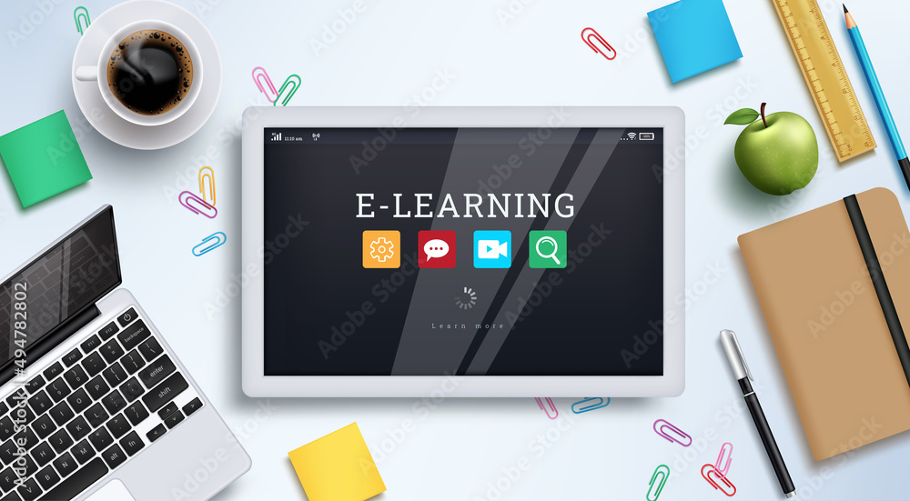Poster elearning education vector background design. e-learning text in tablet device with online education