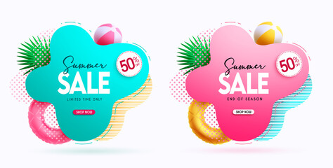 Summer sale vector banner set. Summer sale text in abstract shape design with limited time price discount promo for tropical end of season ads offer collection design. Vector illustration.
