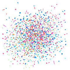 Confetti on isolated white. Geometric background with multicolored glitters. Pattern for design. Print for polygraphy, posters, banners and textiles. Greeting cards. Luxury texture