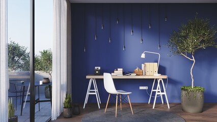 Student's workplace. The interior of the children's room. Desk and chair on a blue background. 3d render