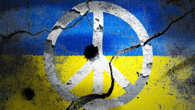 Yellow blue Ukrainian flag waving, wounded in conflict, with peace symbol in center