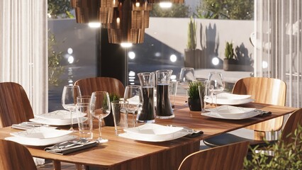Dining table and chairs. Terrace view. Table setting for lunch or dinner. 3D render