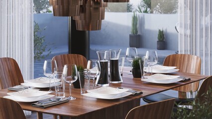 Dining table and chairs. Terrace view. Table setting for lunch or dinner. 3D render