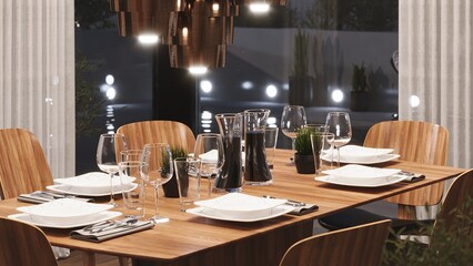 Dining table and chairs. Terrace view. Table setting for lunch or dinner. 3D render
