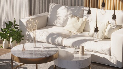 White sofa and marble table. 3d render. Luxurious living room interior in light colors.